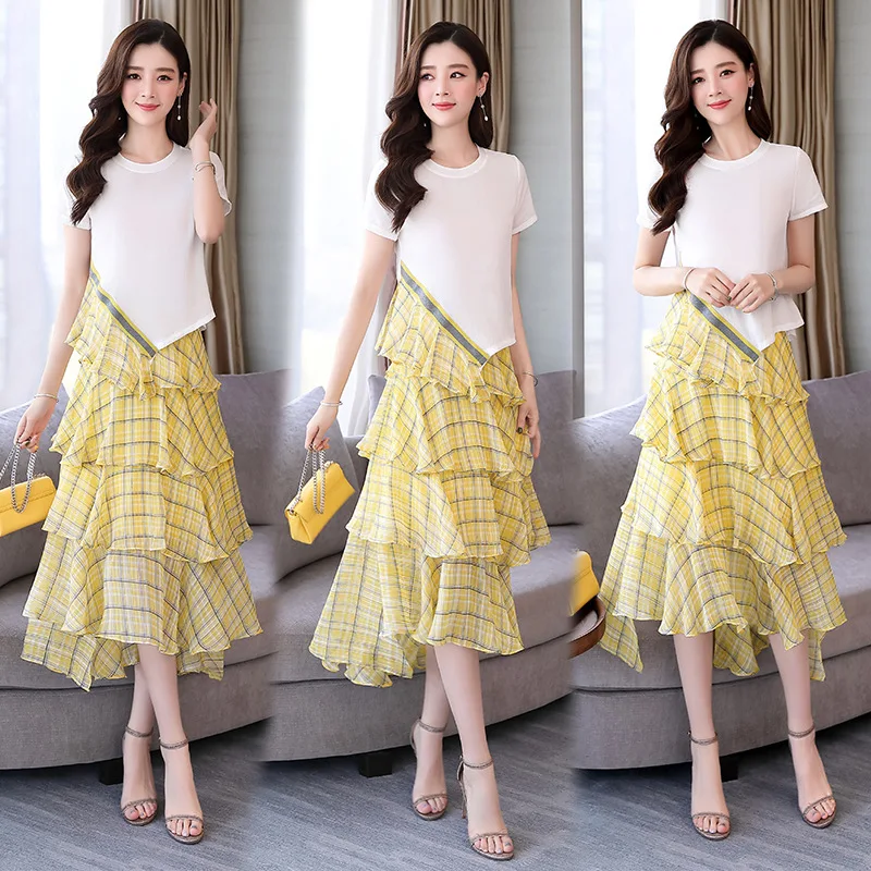 

Cake Dress Skirt Women's 2019 Summer New Style Crew Neck Tops Set
