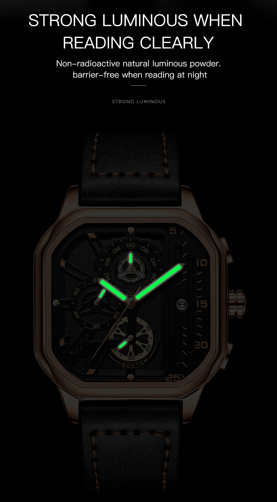 NEKTOM 2021 New Watches Square Sport Mens Watches Waterproof Full Leather Quartz Gold Clock Man Watches Luminous Wristwatch