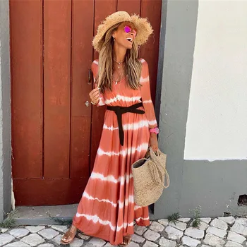 

Summer Beach Dress Ladies Tunics Pareo Large Size Dresses Cover-Ups Woman Fall 2019 Women Printed Gradual Stripe Print