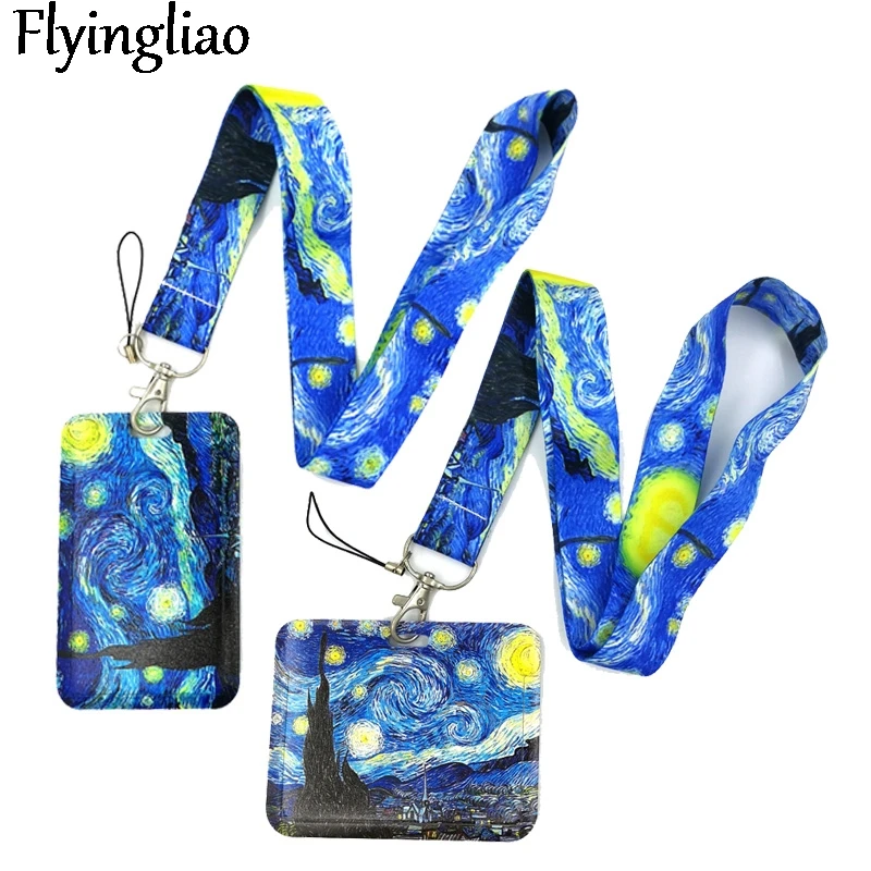 Van gogh Oil Painting Starry Sky Anime Lanyard Badge Holder ID Card Lanyards Mobile Phone Rope Key Lanyard Neck Straps Keychain