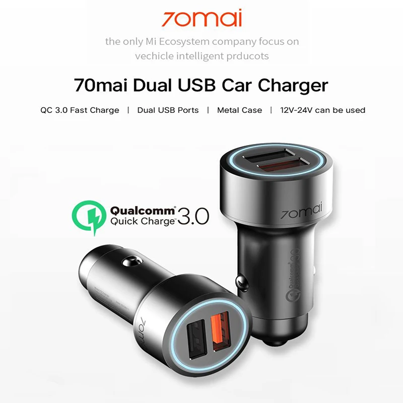 Металлический Чехол 3A 70mai QC 3,0 quick charge 2USB port 70mai автомобильное зарядное устройство 70 mai mini Dual USB для телефонов Xiaomi Mi9 huawei P30