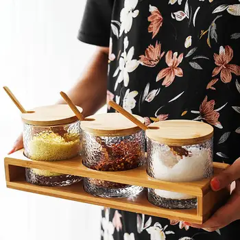 

3PCS/Set Japanese Hammered Glass Seasoning Jar With Bamboo Wood Lid And Spoons Spices Sugar Salt Bowls Kitchen Tools