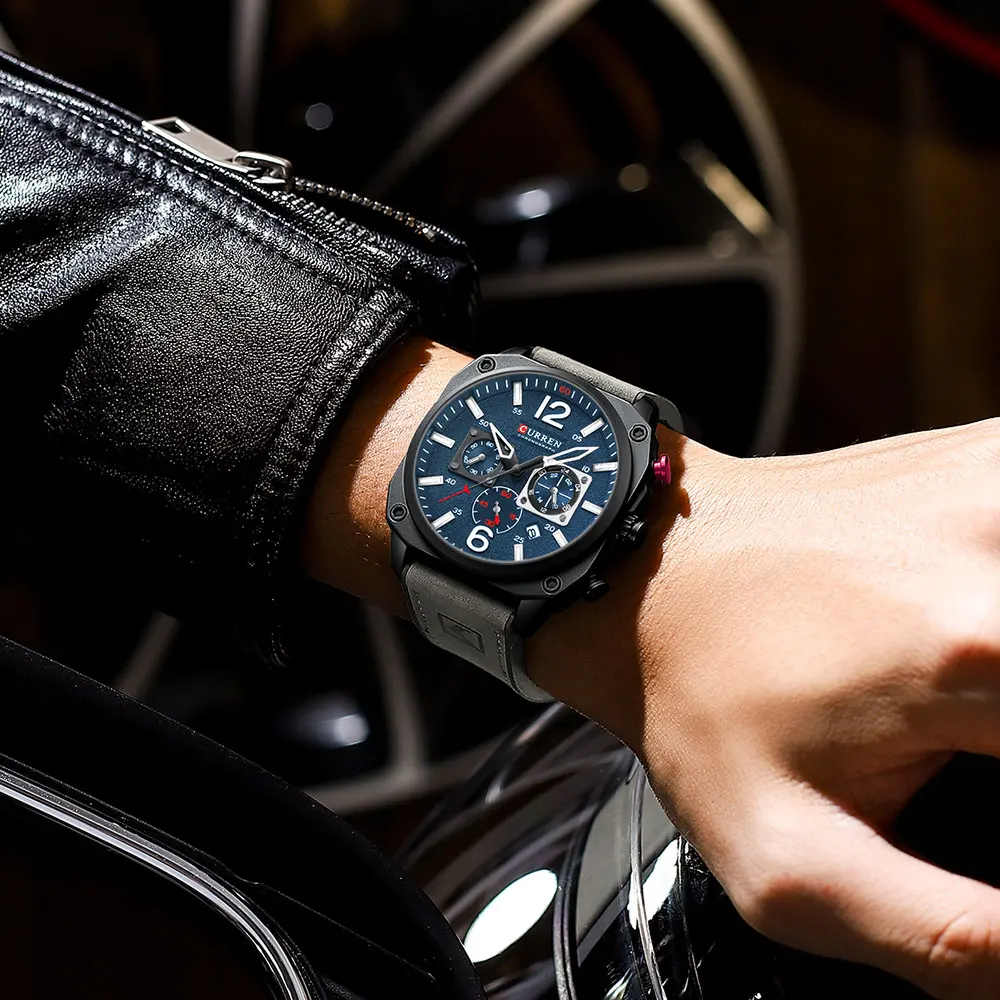 Men's Fashion Waterproof Chronograph Watch with Leather Band and Luminous Display