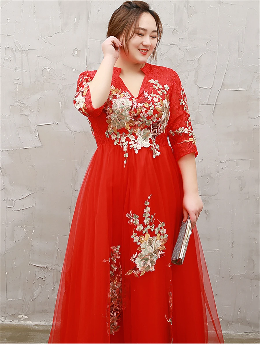 Вечернее платье на шнуровке Robe De Soiree с v-образным вырезом размера плюс, женские вечерние платья с рукавом три четверти, вечерние платья с вышивкой T073