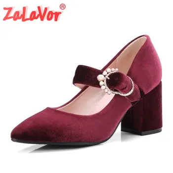 

ZALAVOR 2020 New Spring Stain Pumps Pointed Toe Pearl Block High Heel Elegant Shoes Women Buckle Ladies Footwear Size 32-43