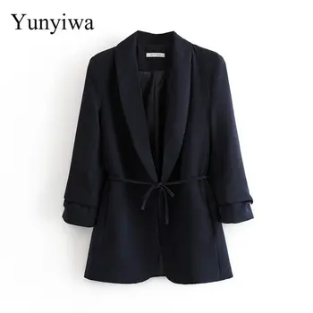 

Women Elegant Crimping Three Quarter Sleeve Casual Blazer Notched Collar Open Stitch Lace Up Female Stylish Outwear Coats