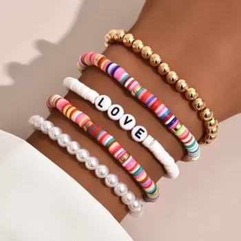 DIEZI Bohemian Ethnic Hamdmade Multicolor Bracelet Sets For Women Fashion Letters Pearl Beads Bracelet Couples Boho Jewelry