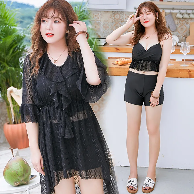 

Large Size Split Type WOMEN'S Swimsuit 200 of Fat Mm Belly Covering Slimming Skirt Push up Bathing Suit Gauze Blouse Three-piece