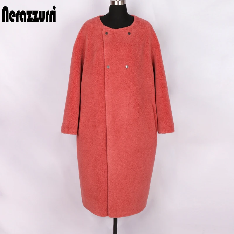 Nerazzurri oversized teddy coat woman loose winter wool blends jacket women long plus size faux sheepskin fur coat drop shoulder