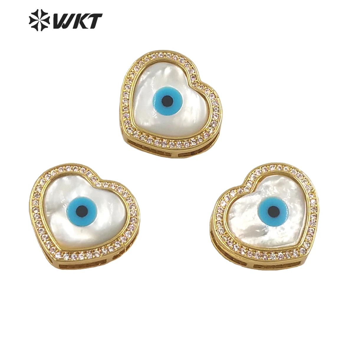 

WT-MP202 Newest WKT Exclusive Natural Mother Of Pearl Heart Evil Eye Pendant Fashion Lady Shell Findings In Gold Bezel