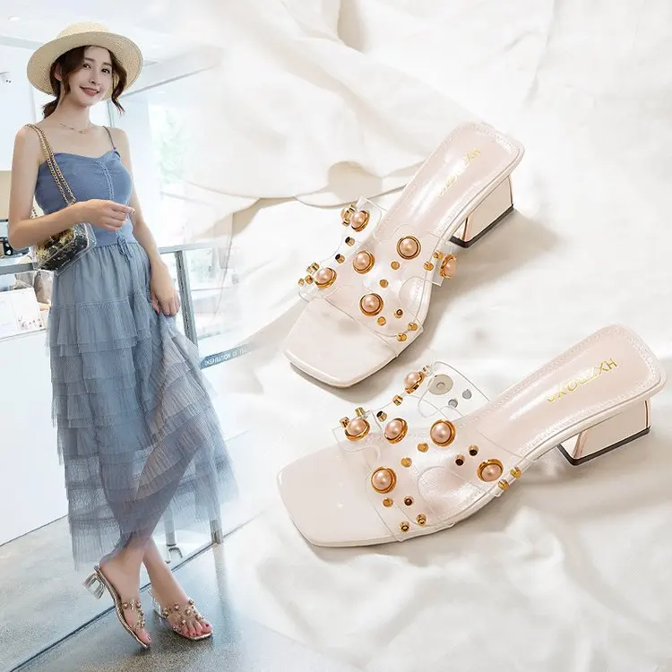 

Slipper Women's Outer Wear Summer with Diamond Slipper Transparent Chunky-Heel Pearl Rivet 2019 Summer H Slipper Women's