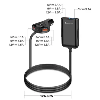 QC3.0 4ポートusb車の充電器前面背面シートと延長ケーブルiphoneサムスンxiaomi huawei社の携帯電話