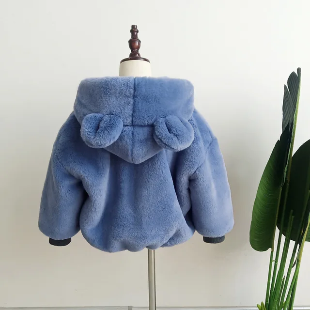 Children Fur Jacket Winter Baby Girls Thickened Faux Rabbit Fur Hooded Cute Ear Wool Coat