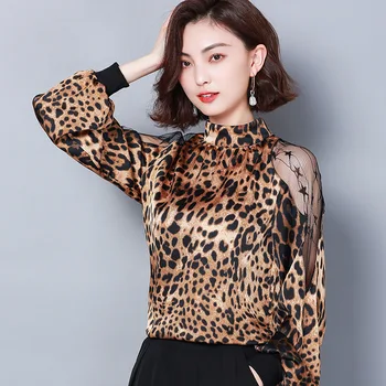 

New Style Long Sleeve Leopord Pattern Base Shirt Early Autumn Women's Tops Young off-Shoulder Chiffon Blouse Bud Gauze Tops