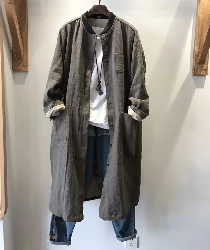

2020 New Style Spring And Autumn Washing Flax Trench Coat Coat Literature And Art Baseball Collar Casual Loose And Plus-sized He
