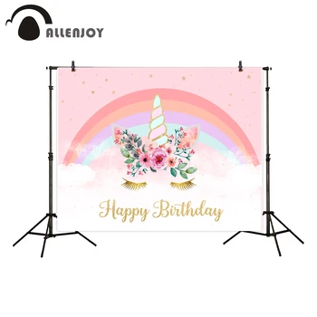 

Allenjoy Unicorn Party Curtains Rainbow Glitter Golden Stars Flowers Leaves Cloud Happy Birthday Backdrop Baby Cartoon Banners