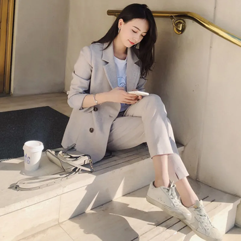 

2019 Women 2 Two Piece Sets Short Gray Solid Blazer + High Waist Pant Office Lady Notched Jacket Pant Suits Korean Outfits Femme