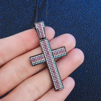 

MultiColor big Cross Pendant Necklace for women full Pave Natural blueTurquoise stone colourful Cubic Zirconia Necklace jewelry