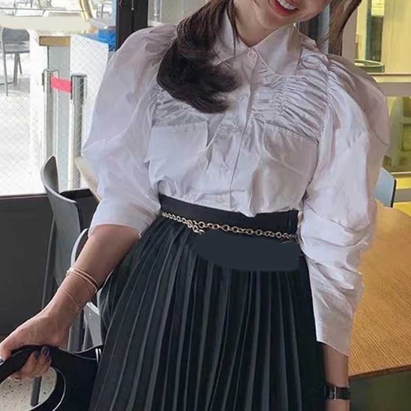 RealShe Blouse Women White Puff Sleeve Pockets Womens Tops And Blouses Spring Casual Vintage Solid White Shirt Women Shirts