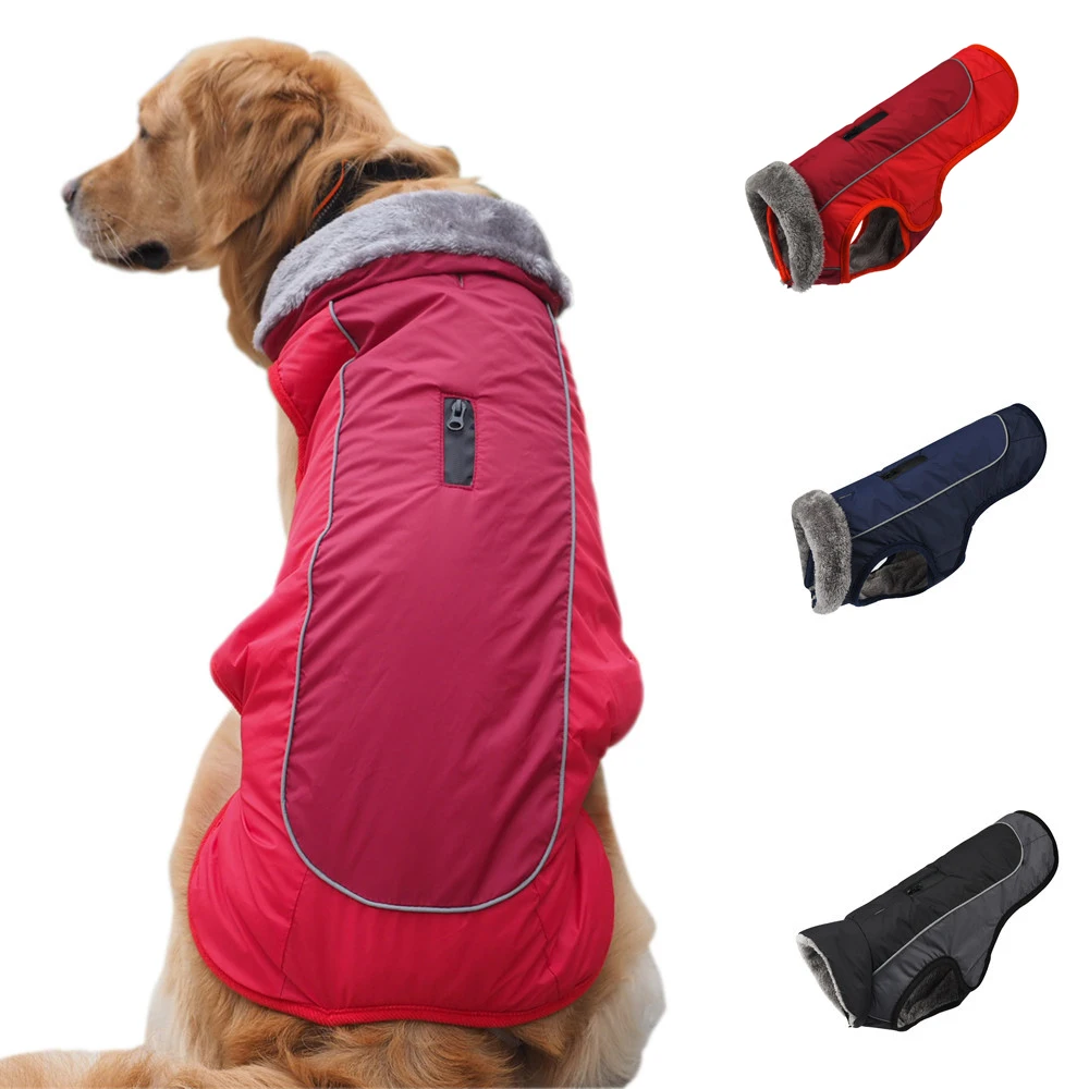 Водонепроницаемая одежда для больших собак, зимний теплый меховой воротник, куртки для больших собак, стеганое флисовое пальто для домашних животных, безопасный светоотражающий дизайн