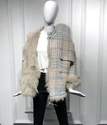 Khaki Женская парка из искусственного меха, мода, Двусторонняя одежда, теплое зимнее шерстяное пальто в клетку, Женская куртка, парка с поясом, mujer invierno B051 - Цвет: Khaki