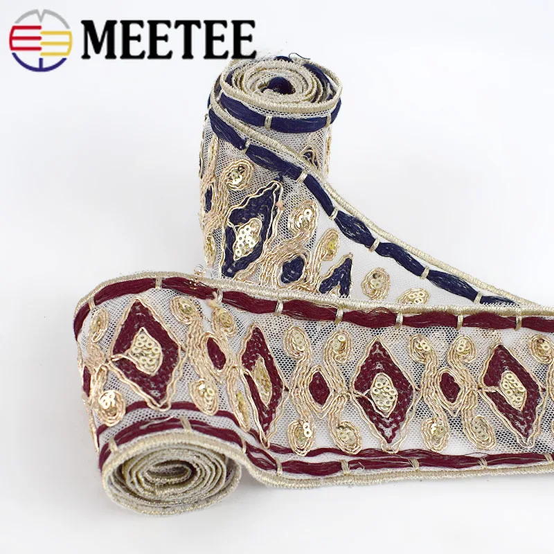 2Meter Ethnic Gold Thread Embroidered Lace Trims Sequins Webbing Ribbons Tape For Shoes Dress Decoration DIY Sewing Accessories|Кружево| |