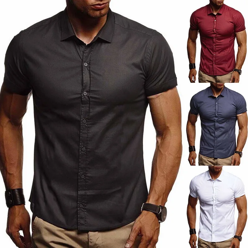 Мужская хлопковая рубашка деловой с короткими рукавами, формальная повседневная рубашка, облегающие топы, однотонные однобортные удобные