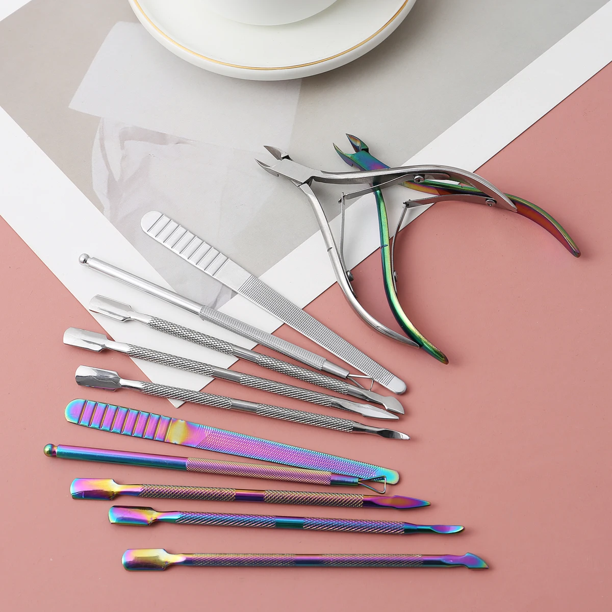 

2021 new 6pcs Nail Clipper Cutter Scissors Stainless Steel Rainbow Tweezer Clipper Dead Skin Remover Edge Cutter Scissor Plier