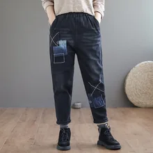 Зимние джинсы Для женщин ретро теплые флисовые Повседневное джинсовые штаны новые женские туфли с эластичной резинкой на талии, с карманами и с рисунком брюки, подходящие для любого размера