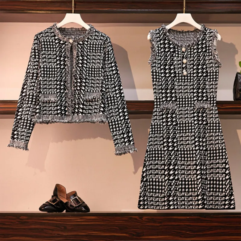 

2019 Autumn Winter High Quality Houndstooth 2 Piece Set Dress Knitted Short Jacket Coat+Mini Tank Tassels Plus Size L-4XL Suits