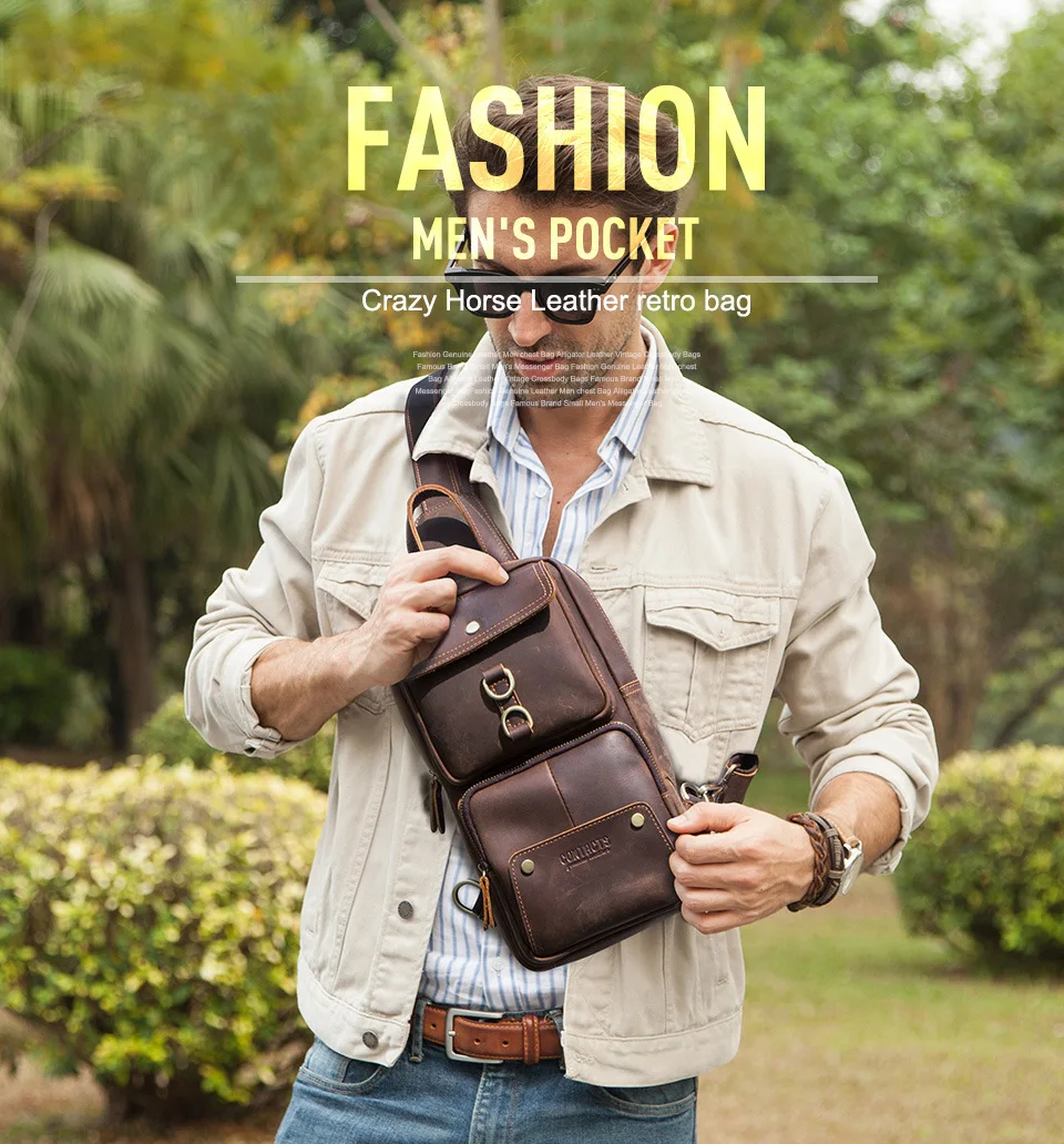 Men's Sling Chest Bag Genuine Leather Casual Handmade Cross Body 