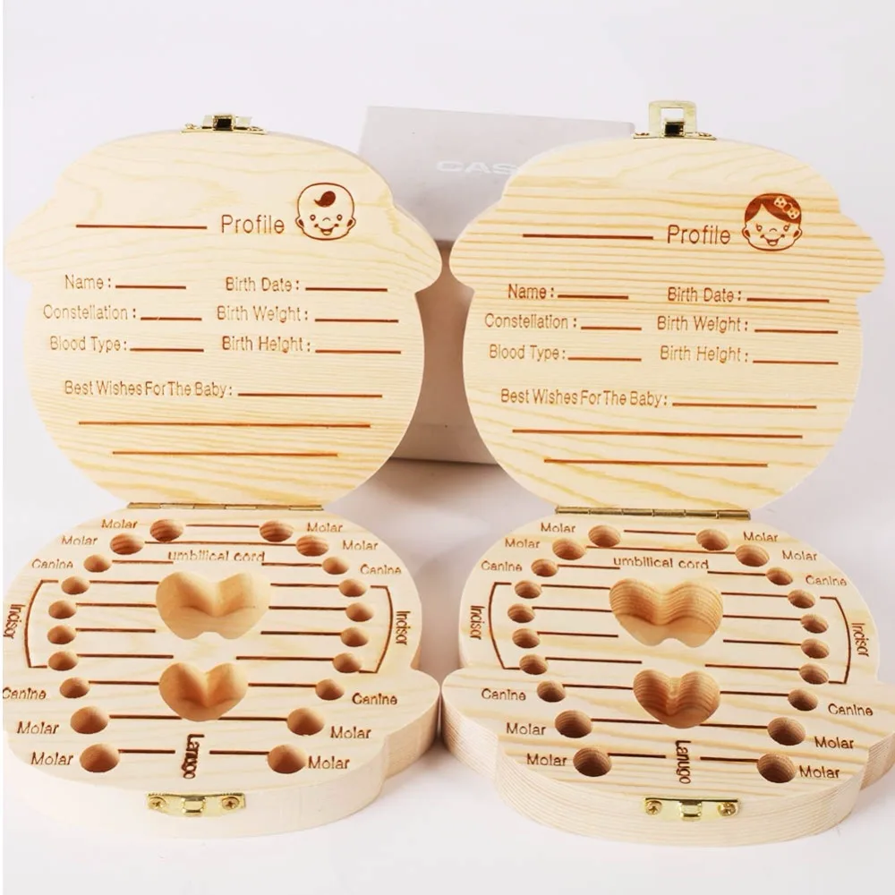 

high quality Spanish//English Wooden Baby Tooth Box Organier Milk Tooth Storage Box for Boy Girl Save Teeth Umbilical Cord