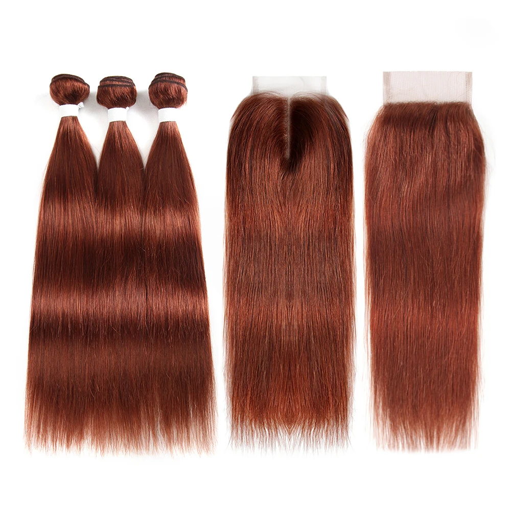 Каштановые человеческие волосы пряди с закрытием 4x4 KEMY Hair 3 шт. бразильские пучки