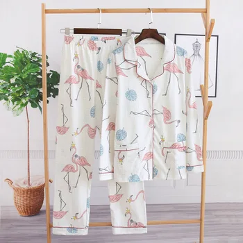 

New Women Pajamas Spring Long Sleeves Pajamas Two Sets 100% Knitted Cotton Flamingo Printing Pijama Mujer Loungewear Sleepwear