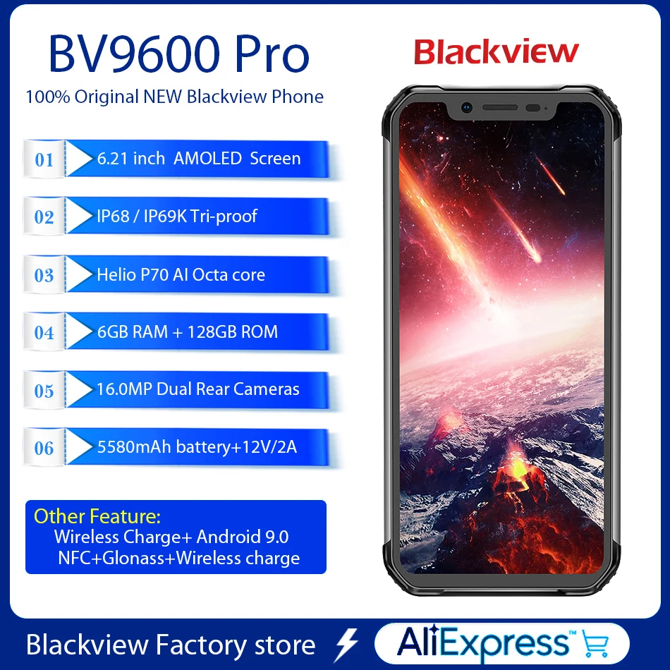 Цена вентилятора BLACKVIEW BV9600 Pro IP68 6GB+ 128GB P70 смартфон 16MP 6,21 дюймов FHD+ Беспроводная зарядка NFC 4G Android 9,0 мобильный телефон