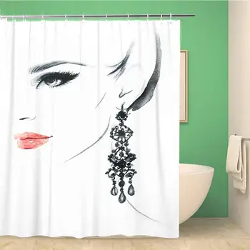 

Bathroom Shower Curtain Watercolor Girl Woman Face Jewelry and Beauty Makeup Adult 72x72 inches Waterproof Bath Curtain Set with