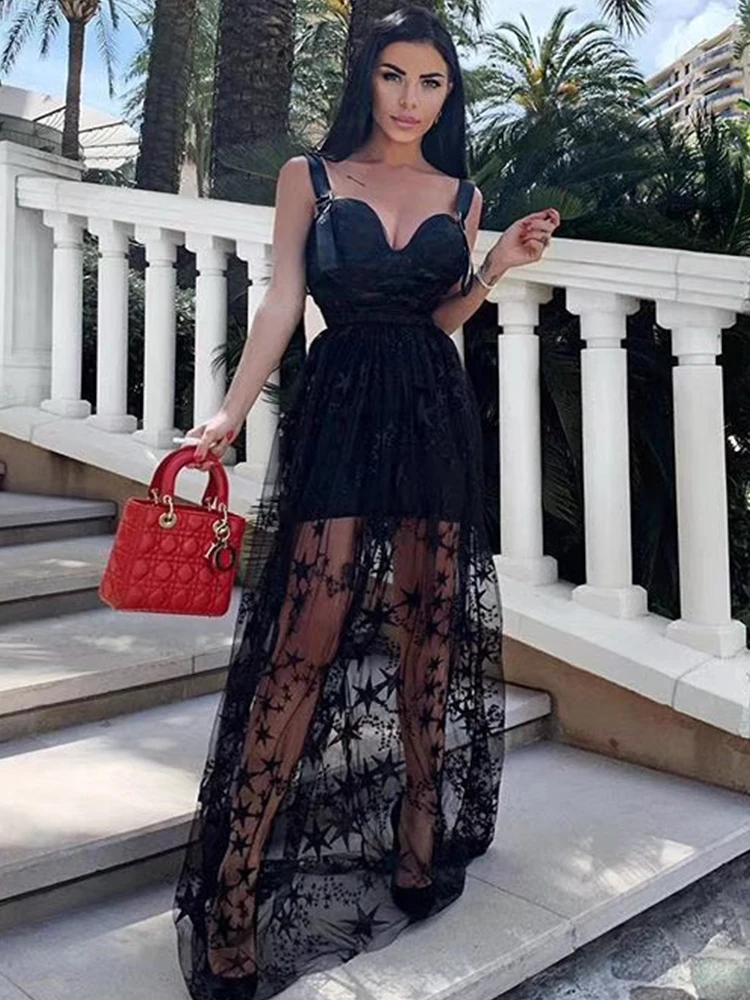 Zwart Kant Borduurwerk Mesh Maxi Jurk Elegante Spaghetti Band Sexy See Through Jurk Fairy Strapless Diner Voor Vrouwen Party