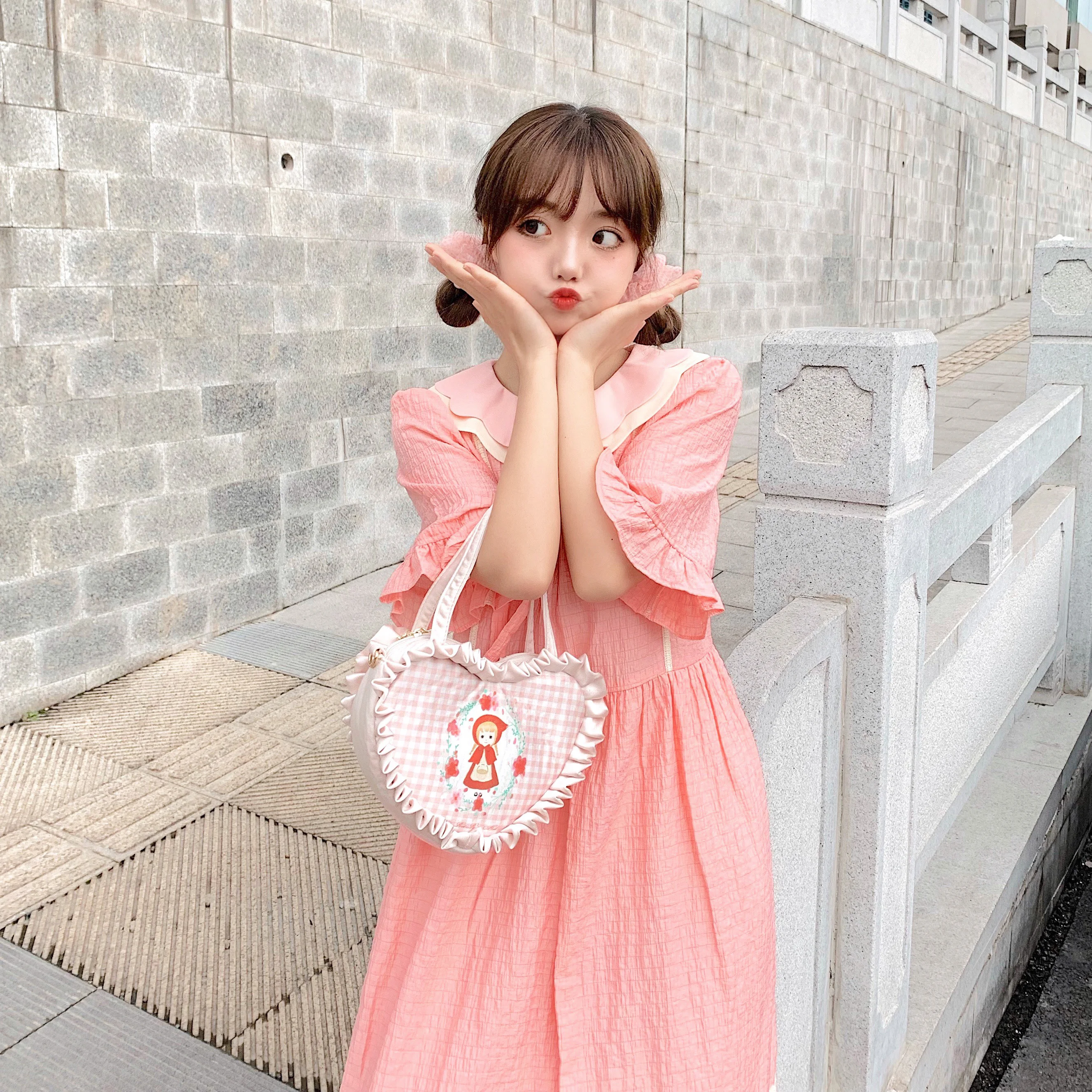 Japanese Summer College Style Soft Girly Dress Sweet Double Layer Peter Pan Collar Bow Cute Puff Sleeve Pink First Love Dresses