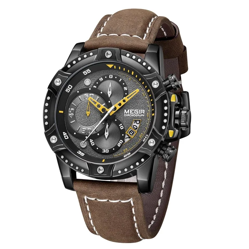 Gorben Luxury Male Watch Fashion Sport Stainless Steel Case Leather Band watch Quartz Business Wristwatch Men Gifts