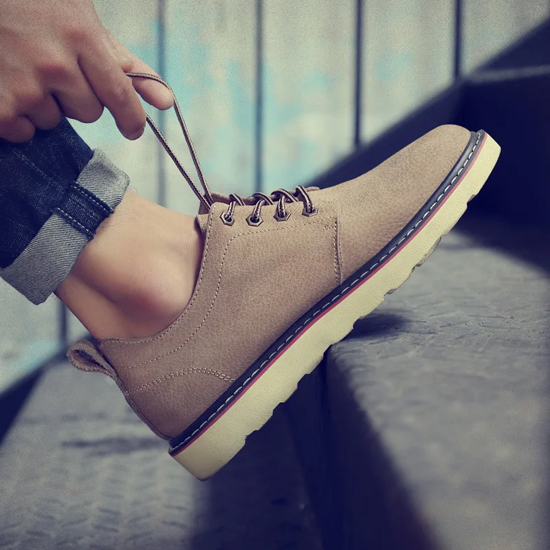

Fashion Spring Autumn Ankle Men Western Boots Lace-Up Casual Sewing Military Work Boots Solid Low PU Business Shoes