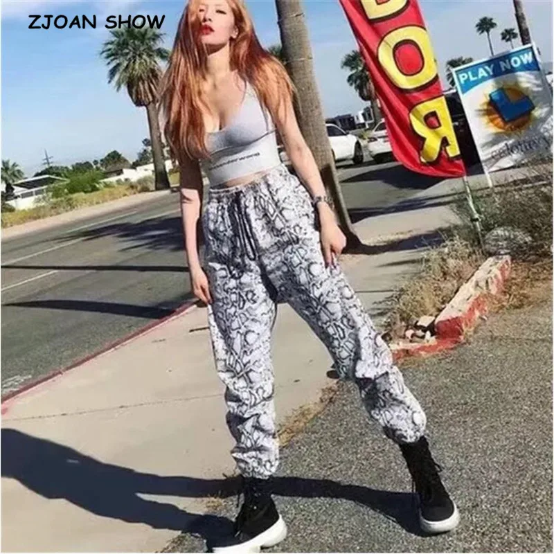 

2019 New Autumn Korea Drawstring waist Snake Cargo Pants Women Loose Casual Sport Trousers Streetwear elastic Cuff Joggers