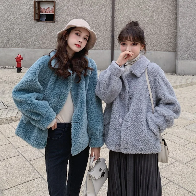 

Photo Shoot Main Push INS Soft Girl Sweet Lambs Wool Peacock Blue Fold-down Collar Single Breasted Fur Cropped Jacket Women's Wi