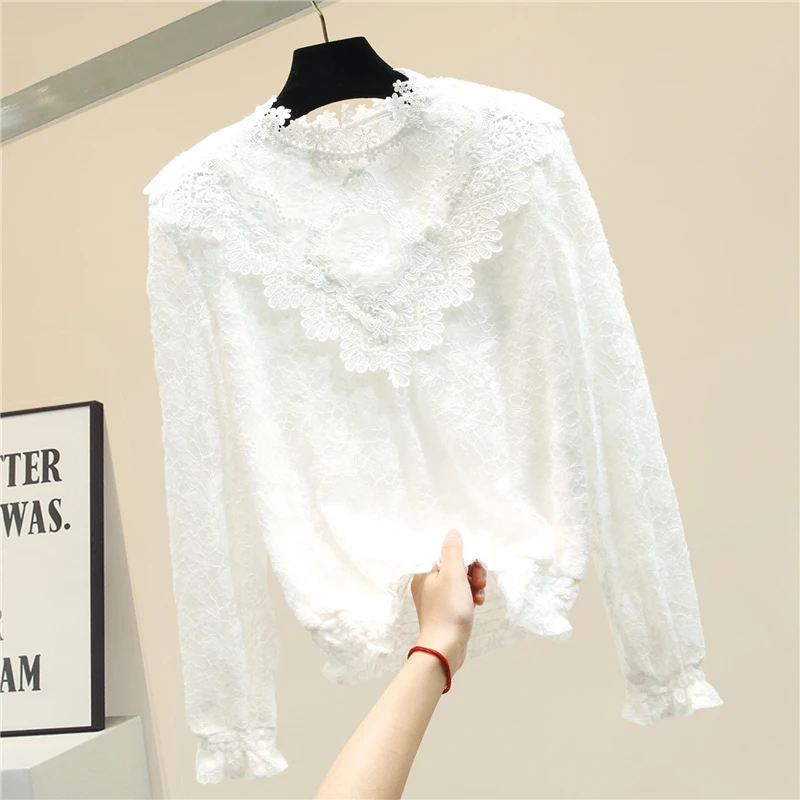 

Turtle-Neck Slim-Fit Lace Shirt Female Withe Lace Shirt Girls Ladies Lace Blouse Basic Tops Female Nancylim