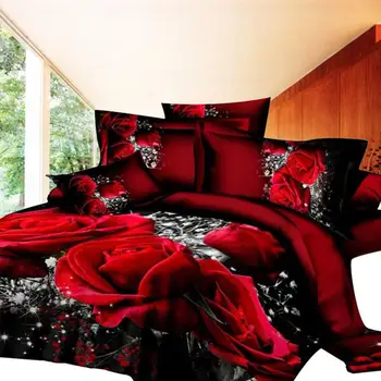 

4pcs / Set Romantic 3D Bed Large Red Pink Floral Bedding Wedding Games Duvet Cover Flat Sheet Bed Pillow Set
