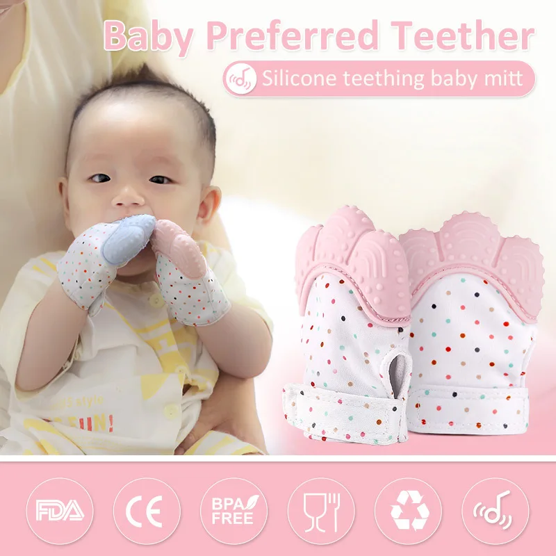 

2019 Newborn Gloves Silicone Mitt Teething Mitten Teething Glove Candy Wrapper Sound Teether