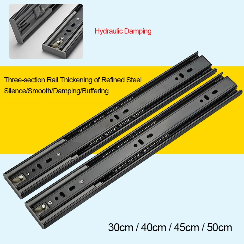 

12/14/16/18 inch Furniture Drawer Slide Rail Fold Mute 3-stage Black Track Guide Telescopic Drawer Runner Damping Mute