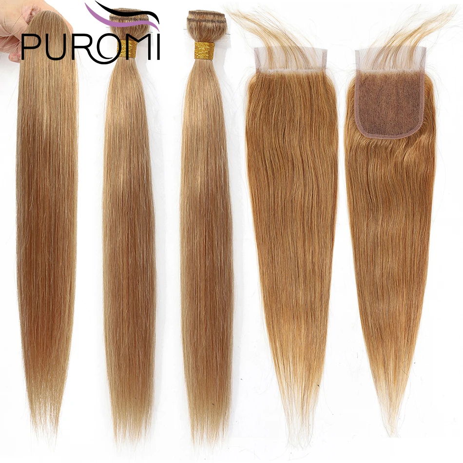 Puromi бразильские волосы прямые 3 пряди с закрытием человеческие волосы 2#27# 99J 613# человеческие волосы пряди с закрытием волосы remy