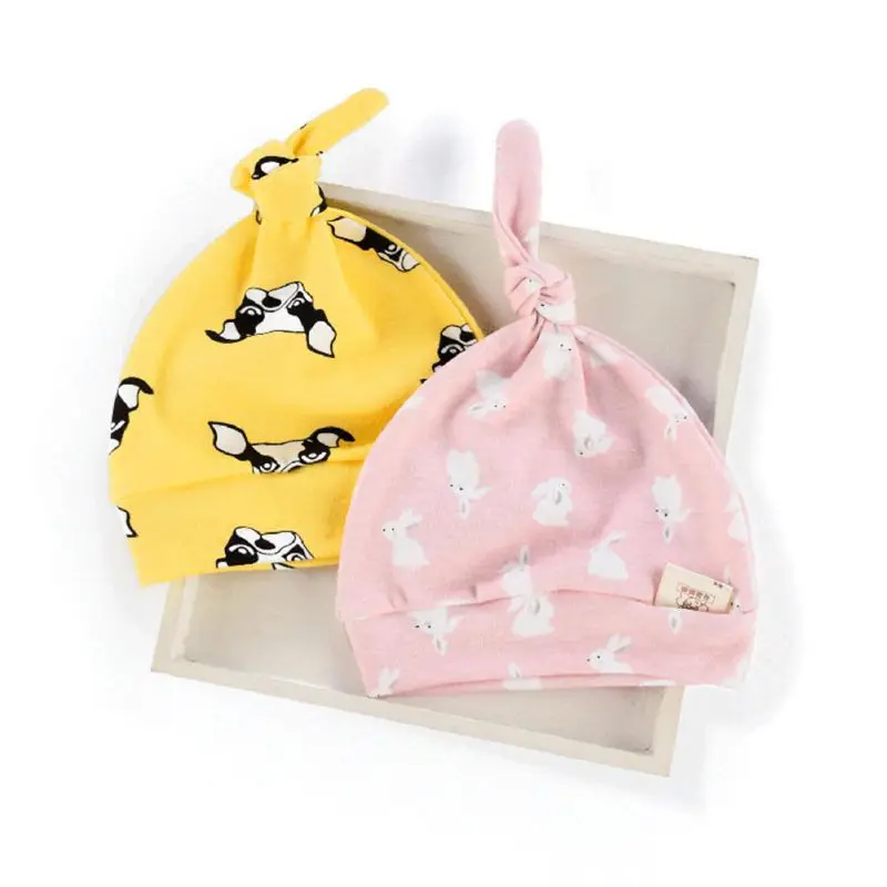 Красивые шапочки с бантиком для новорожденных мальчиков и девочек; хлопковые шапочки для сна с животными; доступно в 8 цветах; аксессуары для малышей - Цвет: 2pcs-random color