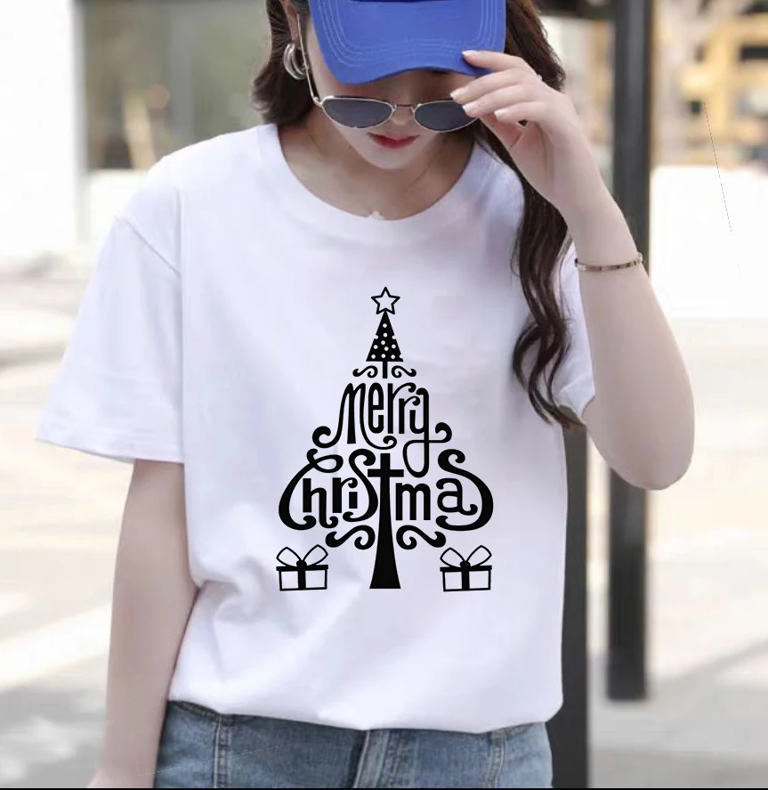 

Women's T-shirt Christmas Top Black And White Printed Cotton Leisure Personality Christmas Tree Round Neck Short Sleeve Bottomed
