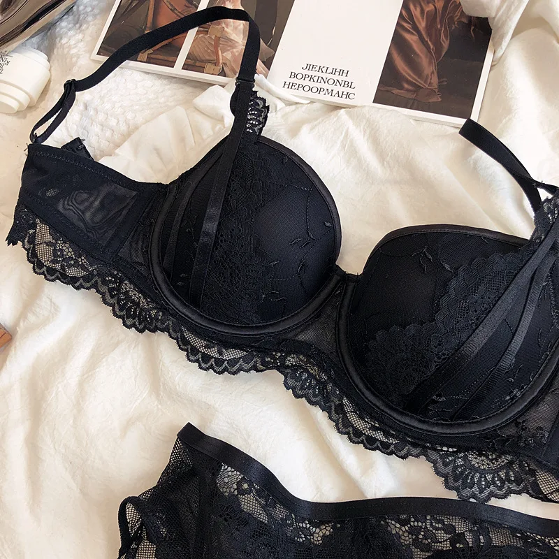 Geraffte Körbchen, Stahlring-Dessous mit Höschen, Stillspitze, sexy Unterwäsche-Anzug, Damen-D-Cup-BH und Slip-Set_voghion.com